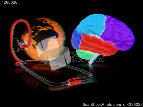 Image of stethoscope, globe, brain - global medical concept. 3d illustrat