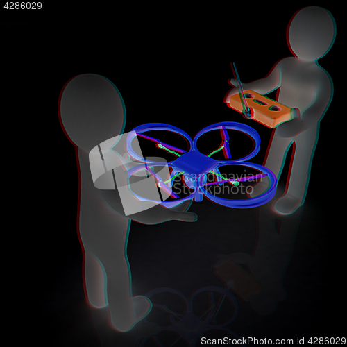 Image of 3d man with drone, quadrocopter, with photo camera. 3d render. 3