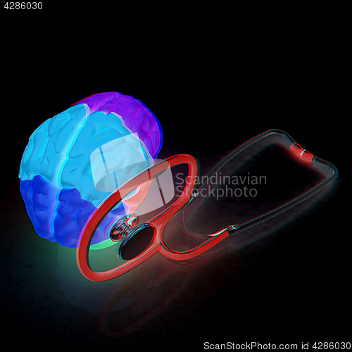 Image of stethoscope and brain. 3d illustration. Anaglyph. View with red/