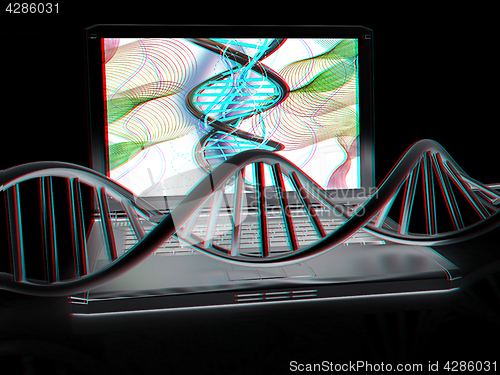 Image of Laptop with dna medical model background on laptop screen. 3d il