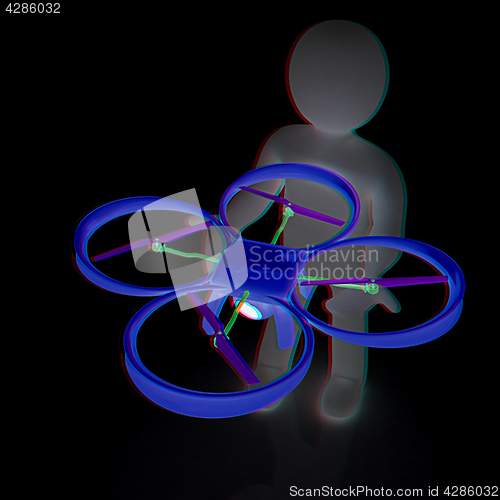 Image of 3d man with drone, quadrocopter, with photo camera. 3d render. 3