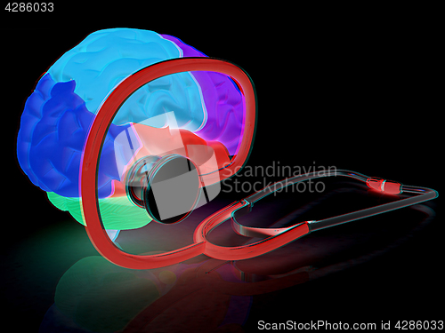 Image of stethoscope and brain. 3d illustration. Anaglyph. View with red/