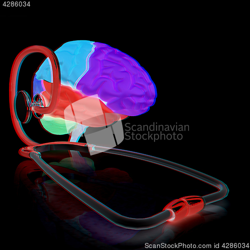 Image of stethoscope and brain. 3d illustration. Anaglyph. View with red/