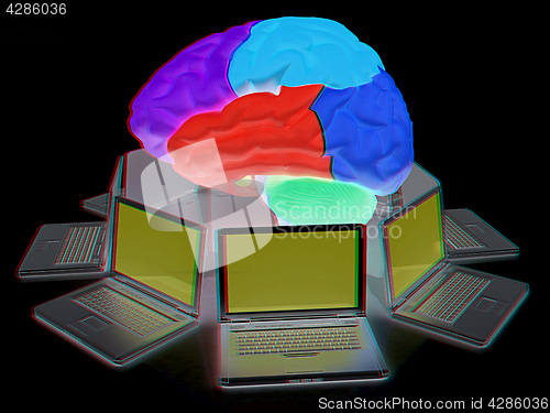 Image of Computers connected to central brain. 3d render. Anaglyph. View 