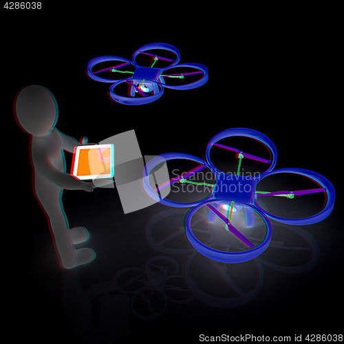 Image of 3d white people. Man flying a white drone with camera. 3D render