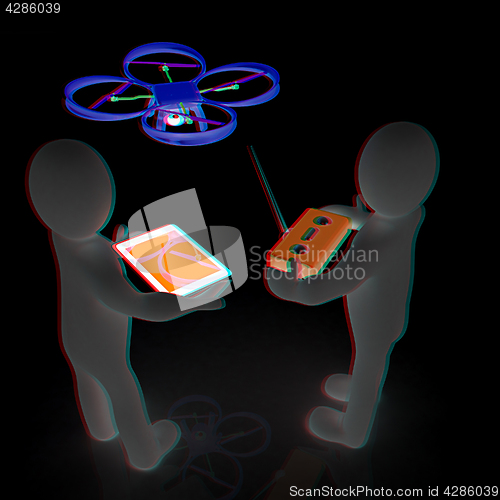 Image of 3d white people. Man flying a white drone with camera. 3D render