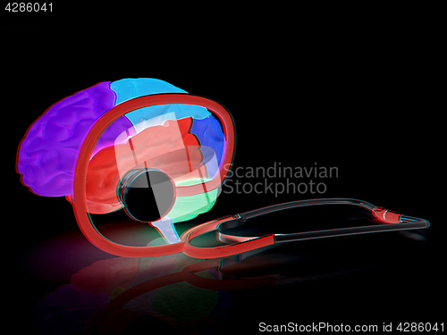 Image of stethoscope and brain. 3d illustration. Anaglyph. View with red/