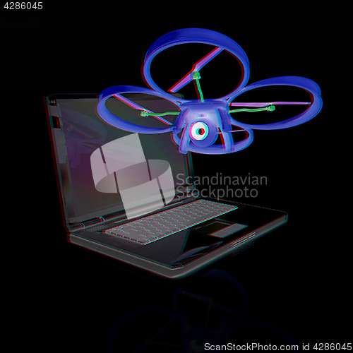 Image of Drone and laptop. 3D render. Anaglyph. View with red/cyan glasse