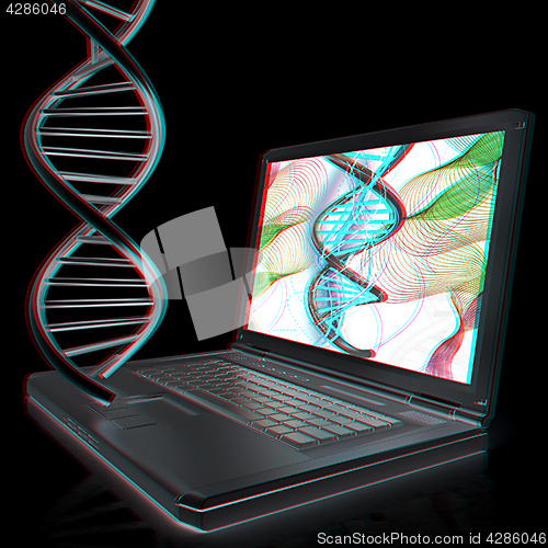 Image of Laptop with dna medical model background on laptop screen. 3d il