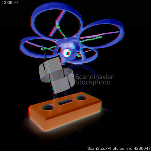 Image of Drone with remote controller. Anaglyph. View with red/cyan glass