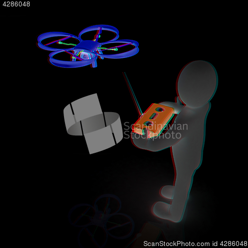 Image of 3d man with drone, quadrocopter, with photo camera. 3d render. 3