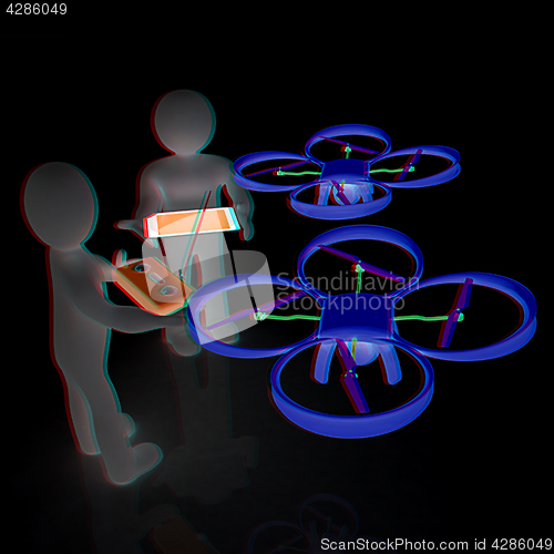 Image of 3d white people. Man flying a white drone with camera. 3D render