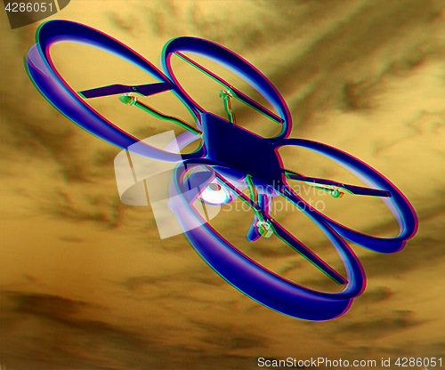 Image of Drone, quadrocopter, with photo camera against the sky. 3D illus