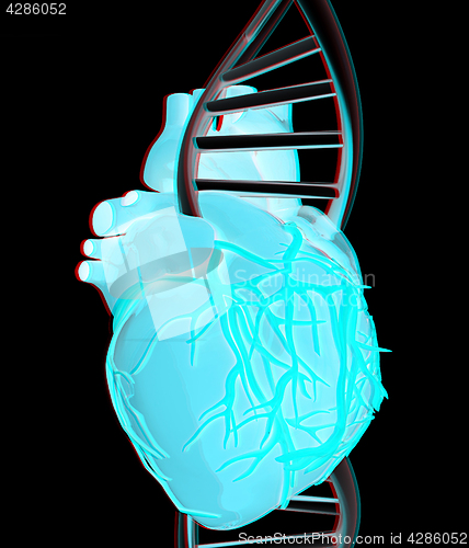 Image of DNA and heart. 3d illustration. Anaglyph. View with red/cyan gla