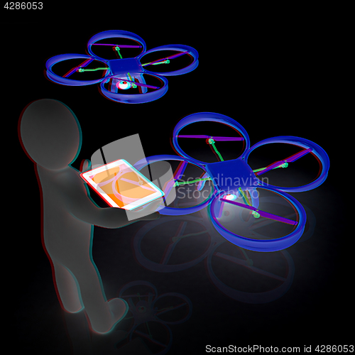 Image of 3d white people. Man flying a white drone with camera. 3D render