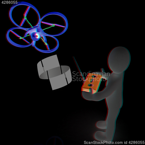 Image of 3d man with drone, quadrocopter, with photo camera. 3d render. 3