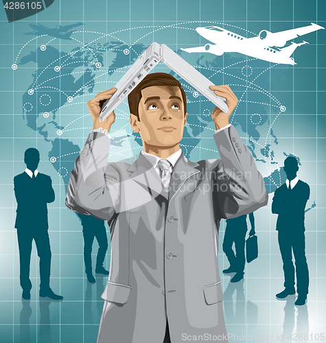 Image of Vector Business Man Hides Under The Laptop