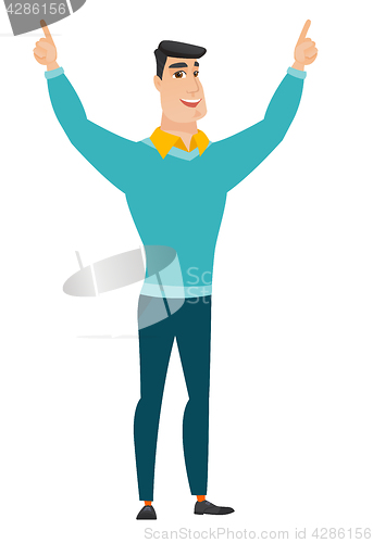 Image of Businessman standing with raised arms up.