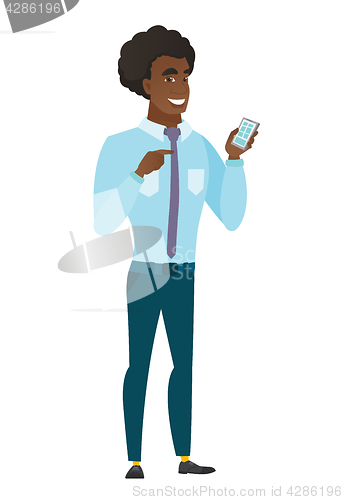 Image of Caucasian business man holding a mobile phone.