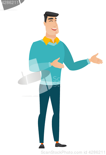 Image of Young caucasian happy businessman gesturing.