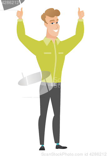 Image of Businessman standing with raised arms up.
