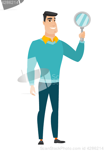 Image of Caucasian business man holding hand mirror.