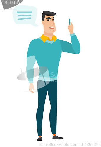 Image of Young caucasian businessman with speech bubble.