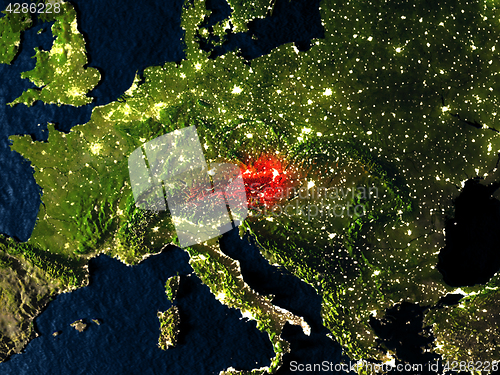 Image of Austria in red from space at night