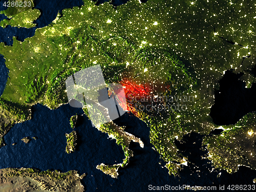 Image of Croatia in red from space at night