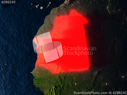 Image of Mauritania in red from space at night