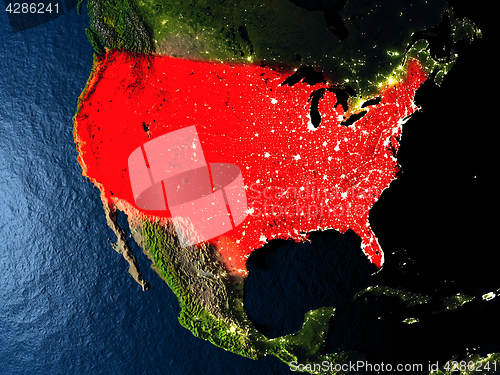 Image of USA in red from space at night