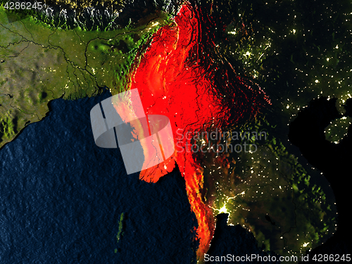 Image of Myanmar in red from space at night