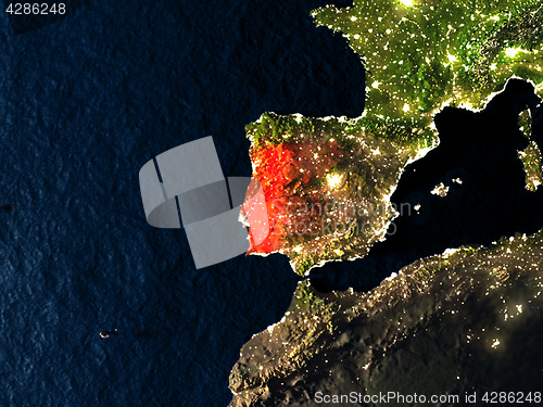 Image of Portugal in red from space at night