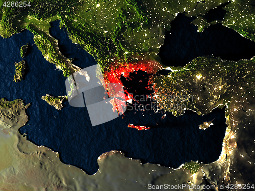 Image of Greece in red from space at night