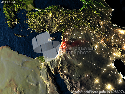 Image of Lebanon in red from space at night