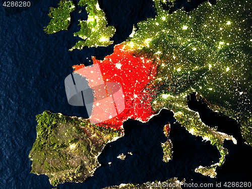 Image of France in red from space at night