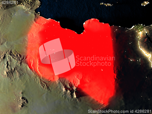 Image of Libya in red from space at night