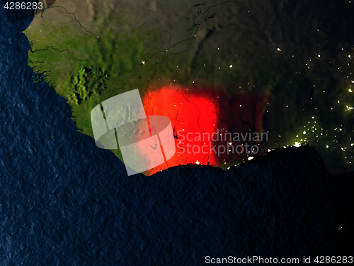 Image of Ivory Coast in red from space at night