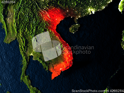 Image of Vietnam in red from space at night