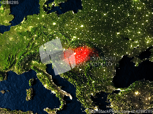 Image of Hungary in red from space at night