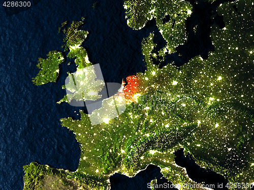 Image of Netherlands in red from space at night