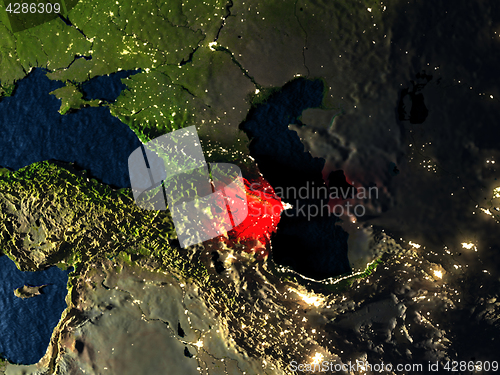 Image of Azerbaijan in red from space at night