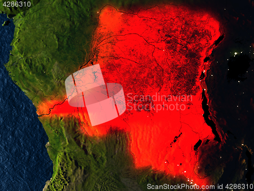 Image of Democratic Republic of Congo in red from space at night