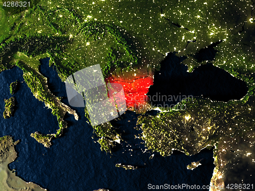 Image of Bulgaria in red from space at night
