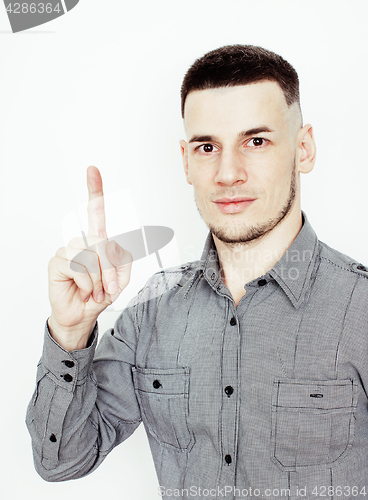 Image of young handsome teenage hipster guy posing emotional, happy smiling against white background isolated, lifestyle people concept 