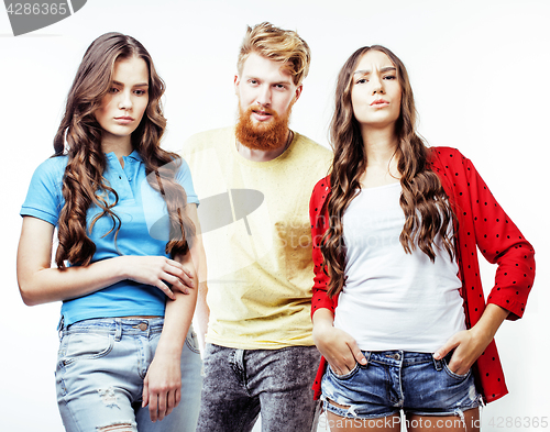 Image of company of hipster guys, bearded red hair boy and girls students having fun together friends, diverse fashion style, lifestyle people concept isolated on white background