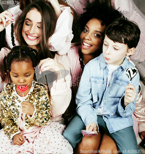 Image of Lifestyle and people concept: young pretty diversity nations woman with different age children celebrating on birth day party together happy smiling, making selfie. African-american, asian and caucasi