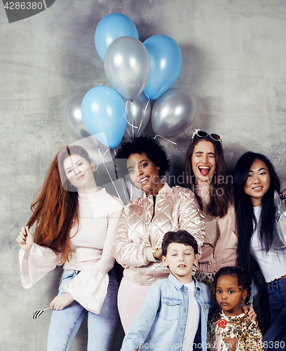 Image of Lifestyle and people concept: young pretty diversity nations woman with different age children celebrating on birth day party together happy smiling, making selfie. African-american, asian and caucasi