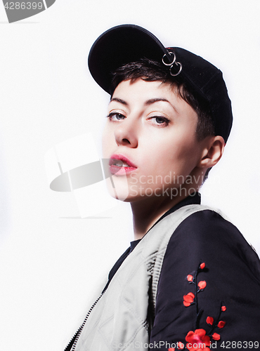 Image of young pretty teenage hipster girl posing emotional happy smiling on white background, lifestyle people concept 