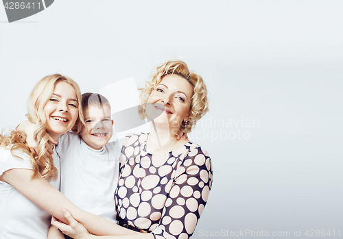 Image of happy smiling family together posing cheerful on white background, lifestyle people concept, mother with son and teenage daughter isolated 